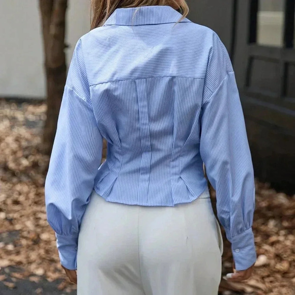 Multicolor Elegant Women's Pleated Waist Slimming Puff Sleeve Striped Blouse - Picture 2 of 6